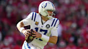 Nov 23, 2025; Kansas City, Missouri, USA; Indianapolis Colts quarterback Daniel Jones (17) looks to pass against the Kansas City Chiefs in the first half at GEHA Field at Arrowhead Stadium. 