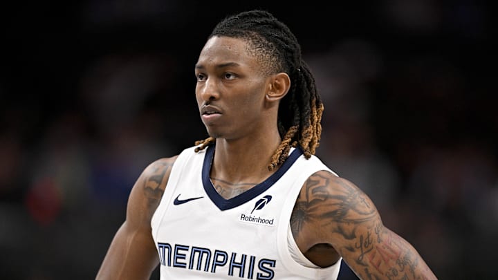 Feb 27, 2026; Dallas, Texas, USA; Memphis Grizzlies guard Javon Small (10) looks on during the second half against the Dallas Mavericks at the American Airlines Center. Mandatory Credit: Jerome Miron-Imagn Images