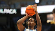 Oct 4, 2025; Charlotte, NC, USA; North Carolina Tar Heels forward Caleb Wilson (8) shoots a free throw in the first half at Dean E. Smith Center. Mandatory Credit: Bob Donnan-Imagn Images
