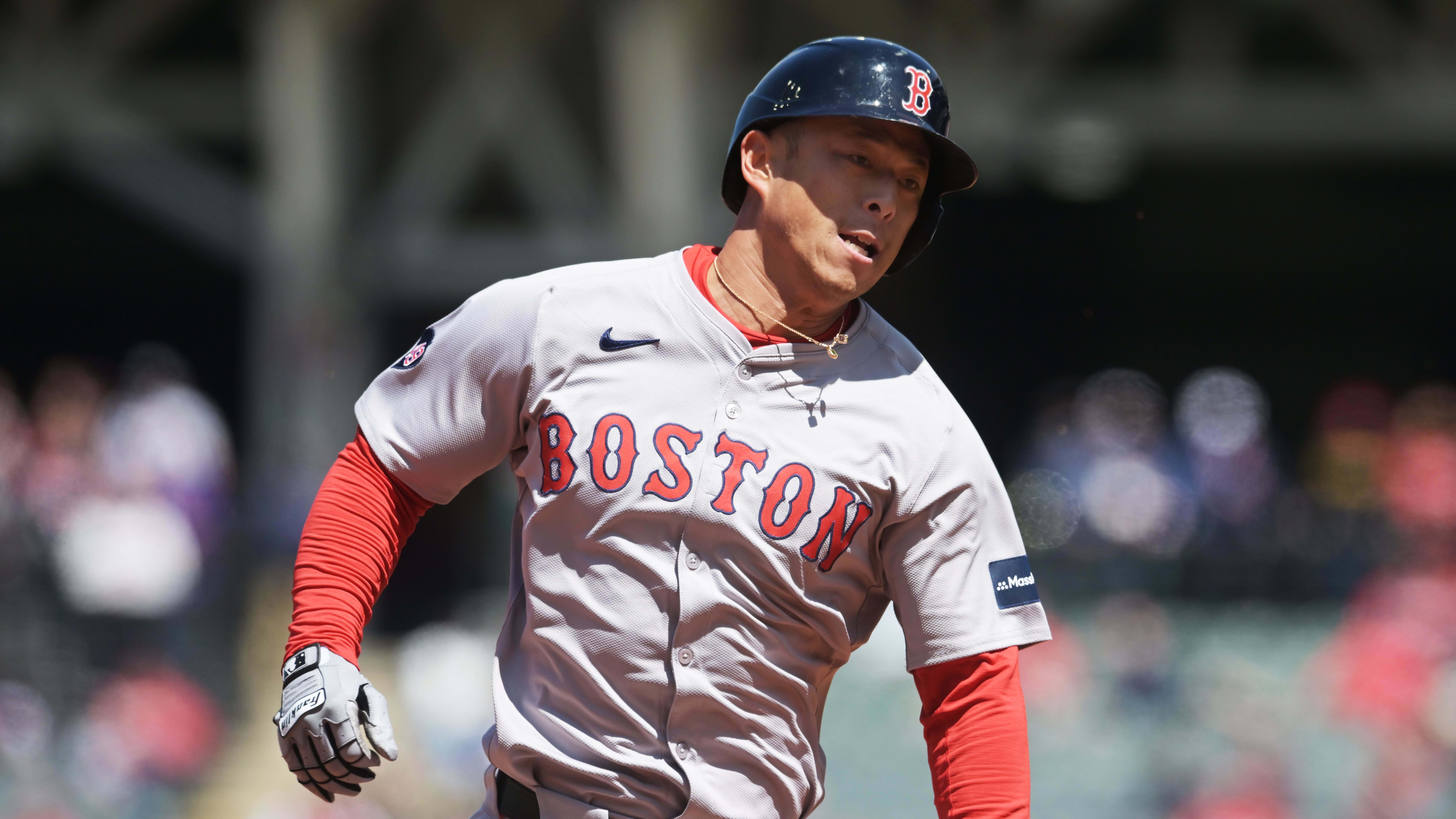 Apr 25, 2024; Cleveland, Ohio, USA; Boston Red Sox left fielder Rob Refsnyder (30) advances to third base.