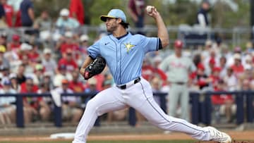 Feb 25, 2025; Port Charlotte, Florida, USA; Tampa Bay Rays pitcher Jake Brentz (54)  throws a pitch against the Philadelphia Phillies during the second inning at Charlotte Sports Park. Mandatory Credit: Kim Klement Neitzel-Imagn Images