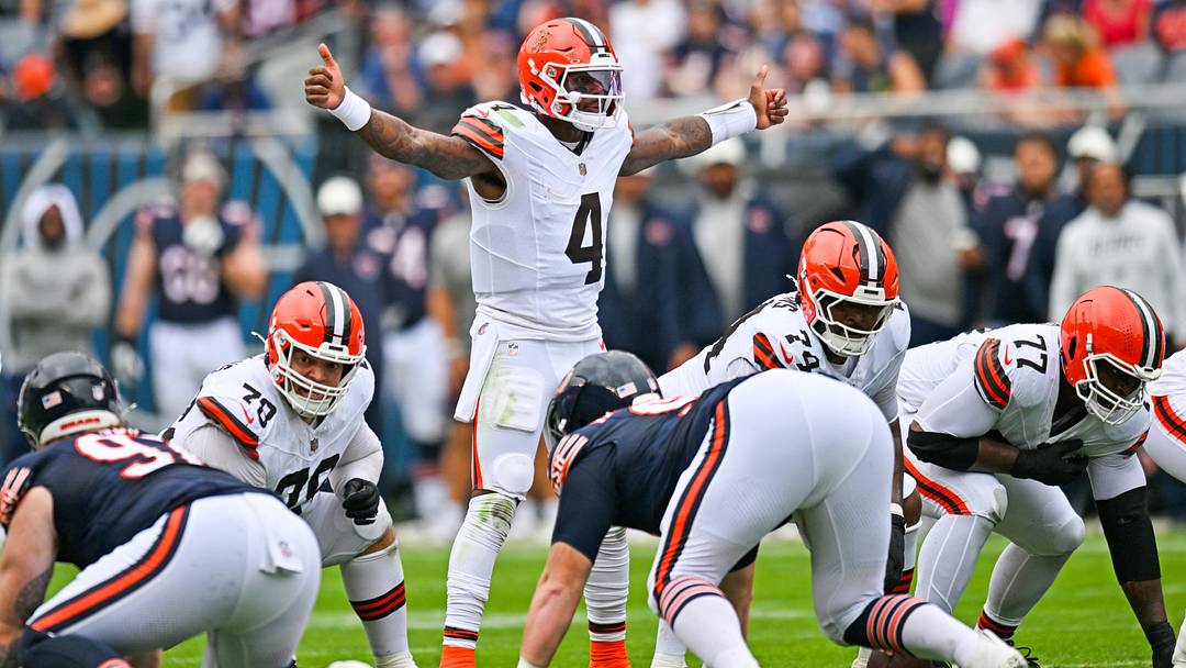 Aug 15, 2026; Chicago, Illinois, USA; Cleveland Browns quarterback Deshaun Watson (4) prepares to run a play against the Chicago Bears during the first half at Soldier Field. Mandatory Credit: Patrick Gorski-Imagn Images