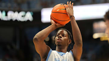 Oct 4, 2025; Charlotte, NC, USA; North Carolina Tar Heels forward Caleb Wilson (8) shoots a free throw in the first half at Dean E. Smith Center. Mandatory Credit: Bob Donnan-Imagn Images