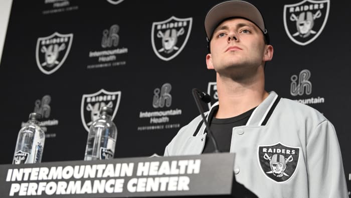 Apr 26, 2024; Henderson, NV, USA; Las Vegas Raiders tight end Brock Bowers speaks to the media at