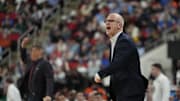 Mar 21, 2025; Raleigh, NC, USA;  Connecticut Huskies head coach Dan Hurley reacts during the first half against the Oklahoma Sooners at Lenovo Center. Mandatory Credit: Bob Donnan-Imagn Images