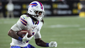 Nov 30, 2025; Pittsburgh, Pennsylvania, USA; Buffalo Bills running back James Cook III (4) rushes during the fourth quarter against the Pittsburgh Steelers at Acrisure Stadium. Mandatory Credit: Charles LeClaire-Imagn Images