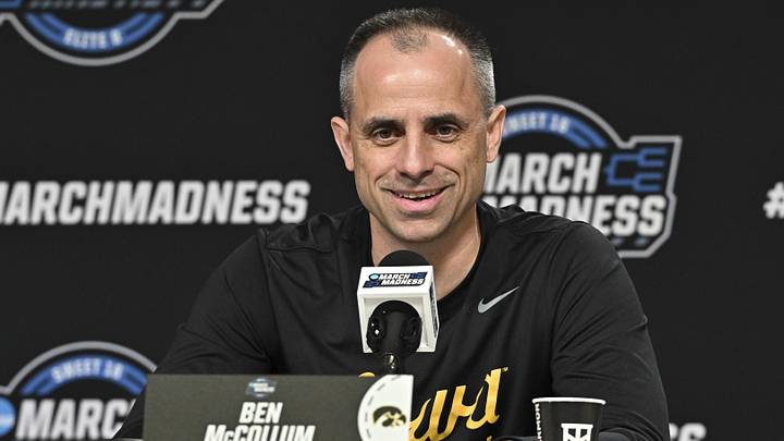 Mar 25, 2026; Houston, TX, USA; Iowa Hawkeyes head coach Ben McCollum speaks during a practice session press conference ahead of the south regional of the men's 2026 NCAA Tournament at Toyota Center. Mandatory Credit: Maria Lysaker-Imagn Images