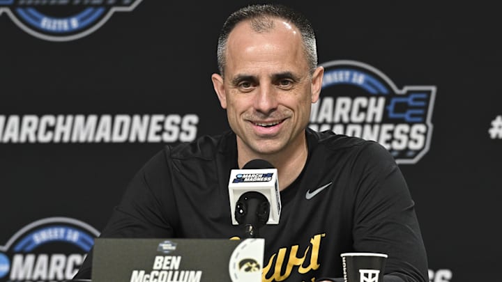 Mar 25, 2026; Houston, TX, USA; Iowa Hawkeyes head coach Ben McCollum speaks during a practice session press conference ahead of the south regional of the men's 2026 NCAA Tournament at Toyota Center. Mandatory Credit: Maria Lysaker-Imagn Images