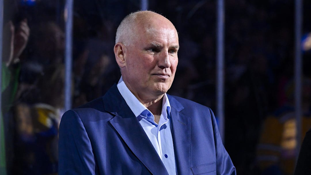 Mar 25, 2024; St. Louis, Missouri, USA;  St. Louis Blues general manager Doug Armstrong looks on before a game against the Vegas Golden Knights at Enterprise Center. Mandatory Credit: Jeff Curry-Imagn Images