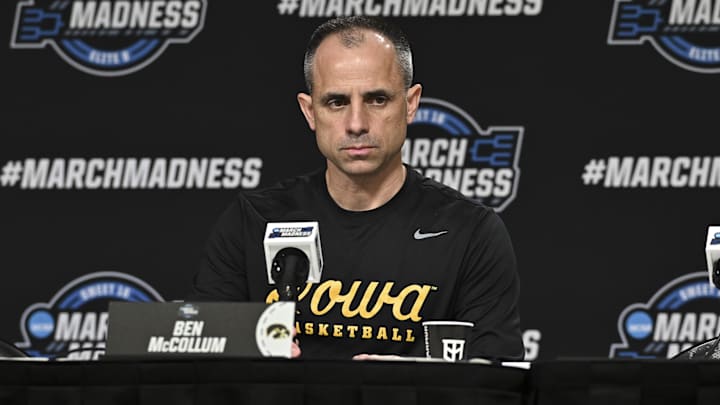 Mar 25, 2026; Houston, TX, USA; Iowa Hawkeyes head coach Ben McCollum speaks during a practice session press conference ahead of the south regional of the men's 2026 NCAA Tournament at Toyota Center. Mandatory Credit: Maria Lysaker-Imagn Images