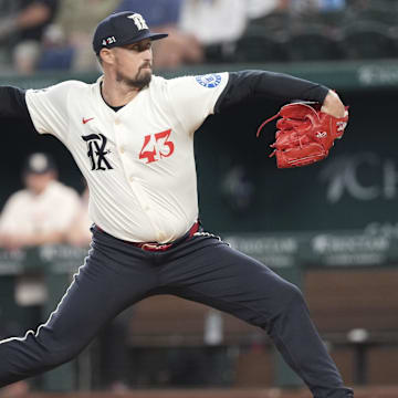 Jun 13, 2025; Arlington, Texas, USA; Texas Rangers pitcher Shawn Armstrong (43) delivers a pitch to the Chicago White Sox during the first inning at Globe Life Field. Mandatory Credit: Jim Cowsert-Imagn Images