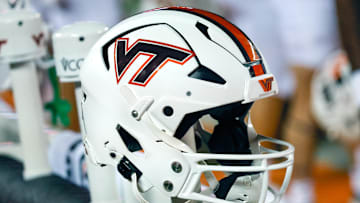 Sep 10, 2022; Blacksburg, Virginia, USA;  A Virginia Tech Hokies helmet sits near the team bench during the first quarter against the Boston College Eagles at Lane Stadium. Mandatory Credit: Reinhold Matay-Imagn Images