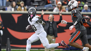 Oct 11, 2025; Corvallis, Oregon, USA; Wake Forest Demon Deacons wide receiver Chris Barnes (10) runs for a touchdown after the catch during the second half against the Oregon State Beavers at Reser Stadium. Mandatory Credit: Craig Strobeck-Imagn Images