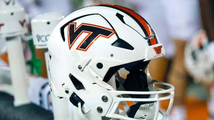 Sep 10, 2022; Blacksburg, Virginia, USA;  A Virginia Tech Hokies helmet sits near the team bench during the first quarter against the Boston College Eagles at Lane Stadium. Mandatory Credit: Reinhold Matay-USA TODAY Sports