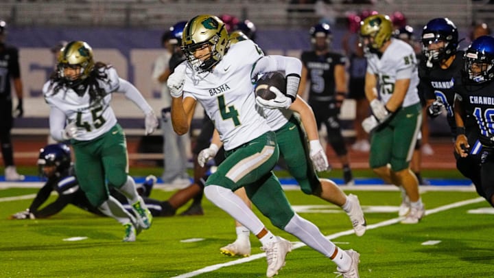 Basha kick returner Kash Brock (4) returns a kickoff against Chandler during a game at Chandler High School on Oct. 25, 2024, in Chandler.