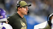 Nov 2, 2025; Detroit, Michigan, USA; Minnesota Vikings head coach Kevin O'Connell looks on during the first quarter against the Detroit Lions at Ford Field.