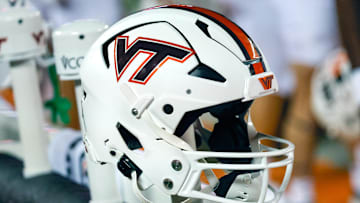 Sep 10, 2022; Blacksburg, Virginia, USA;  A Virginia Tech Hokies helmet sits near the team bench during the first quarter against the Boston College Eagles at Lane Stadium. Mandatory Credit: Reinhold Matay-Imagn Images