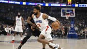 May 3, 2024; Dallas, Texas, USA; LA Clippers forward Paul George (13) drives to the basket against
