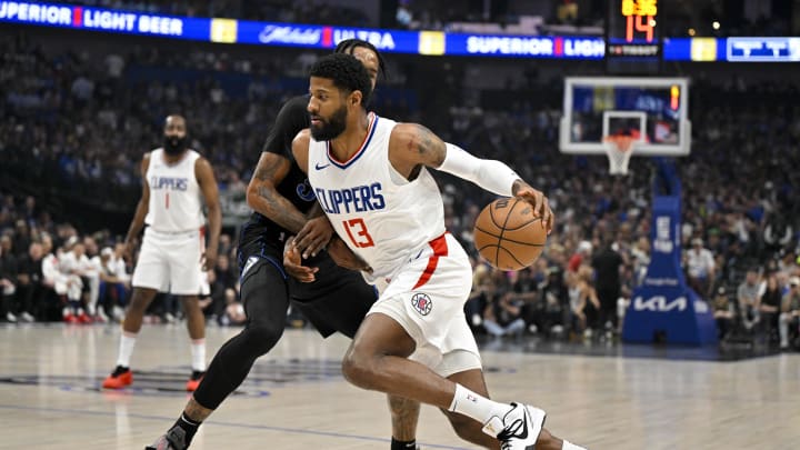 May 3, 2024; Dallas, Texas, USA; LA Clippers forward Paul George (13) drives to the basket against the Dallas Mavericks during the first quarter during game six of the first round for the 2024 NBA playoffs at American Airlines Center. Mandatory Credit: Jerome Miron-USA TODAY Sports