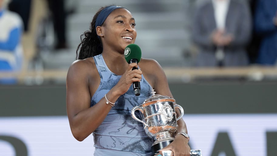 Gauff of the United States at the trophy presentation after winning the women's singles final at Roland Garros Stadium.  | Susan Mullane-Imagn Images