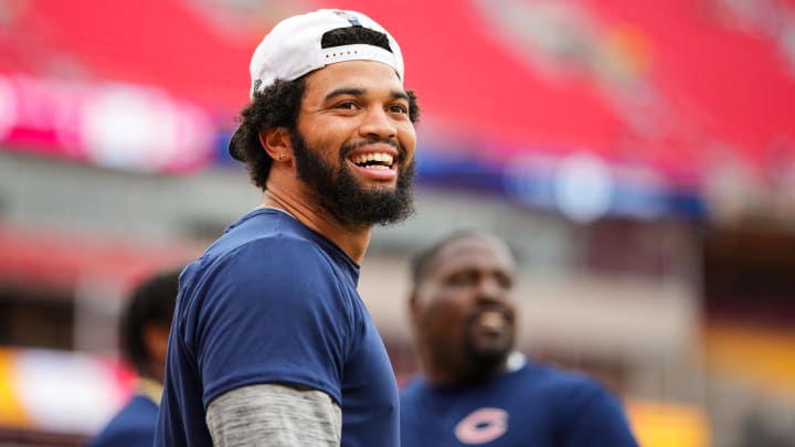 Chicago Bears quarterback Caleb Williams (18) warms up prior to a game against the Kansas City Chiefs at GEHA Field at Arrowhead Stadium.