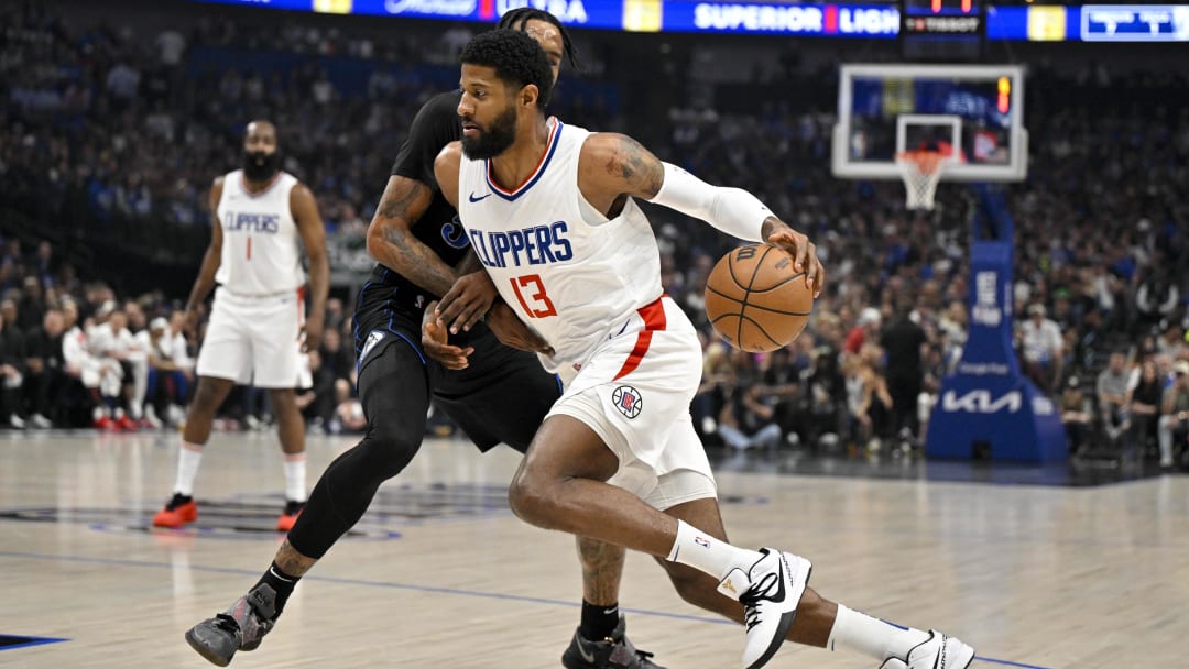 May 3, 2024; Dallas, Texas, USA; LA Clippers forward Paul George (13) drives to the basket against the Dallas Mavericks during the first quarter during game six of the first round for the 2024 NBA playoffs at American Airlines Center. Mandatory Credit: Jerome Miron-USA TODAY Sports