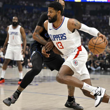 May 3, 2024; Dallas, Texas, USA; LA Clippers forward Paul George (13) drives to the basket against the Dallas Mavericks during the first quarter during game six of the first round for the 2024 NBA playoffs at American Airlines Center.