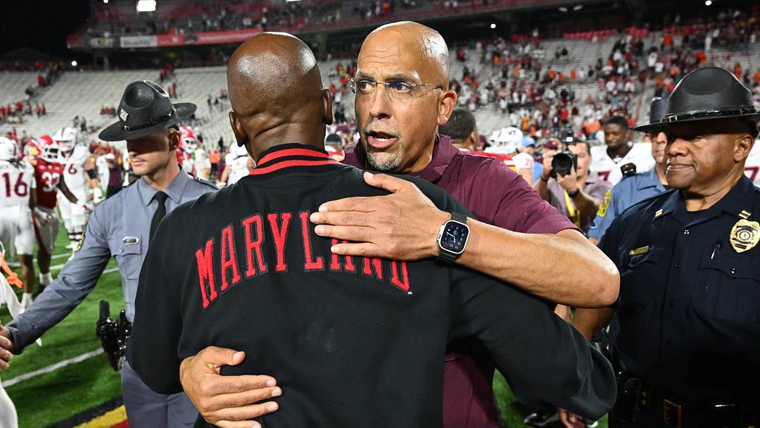 Sep 19, 2026; College Park, Maryland, USA; Virginia Tech Hokies head coach James Franklin hugs Maryland Terrapins head coach Michael Locksley after their game at SECU Stadium. Mandatory Credit: Jamie Sabau-Imagn Images Sep 19, 2026; College Park, Maryland, USA; Virginia Tech Hokies head coach James Franklin hugs Maryland Terrapins head coach Michael Locksley after their game at SECU Stadium. Mandatory Credit: Jamie Sabau-Imagn Images