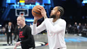Apr 6, 2025; Brooklyn, New York, USA;  Toronto Raptors small forward Brandon Ingram (3) warms up prior to the game against the Brooklyn Nets at Barclays Center. Mandatory Credit: Gregory Fisher-Imagn Images