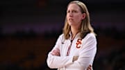 Jan 12, 2025; Los Angeles, California, USA; USC Trojans head coach Lindsay Gottlieb during the first quarter against the Penn State Nittany Lions at Galen Center. Mandatory Credit: Robert Hanashiro-Imagn Images
