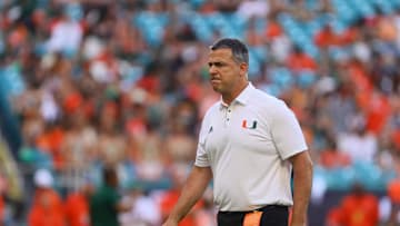 Sep 7, 2024; Miami Gardens, Florida, USA; Miami Hurricanes head coach Mario Cristobal looks on before the game against the Florida A&M Rattlers at Hard Rock Stadium.