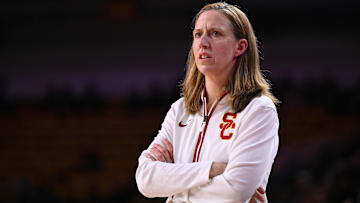 Jan 12, 2025; Los Angeles, California, USA; USC Trojans head coach Lindsay Gottlieb during the first quarter against the Penn State Nittany Lions at Galen Center. Mandatory Credit: Robert Hanashiro-Imagn Images
