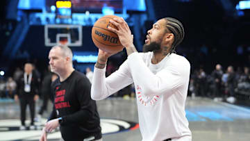 Apr 6, 2025; Brooklyn, New York, USA;  Toronto Raptors small forward Brandon Ingram (3) warms up prior to the game against the Brooklyn Nets at Barclays Center. Mandatory Credit: Gregory Fisher-Imagn Images