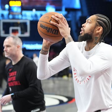 Apr 6, 2025; Brooklyn, New York, USA;  Toronto Raptors small forward Brandon Ingram (3) warms up prior to the game against the Brooklyn Nets at Barclays Center. Mandatory Credit: Gregory Fisher-Imagn Images