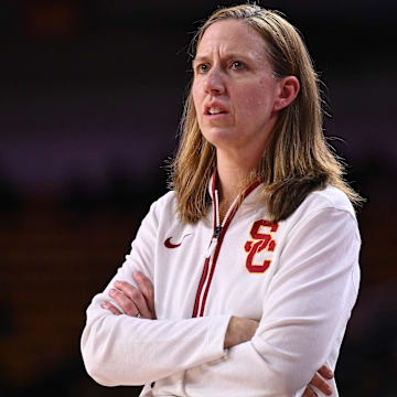 Jan 12, 2025; Los Angeles, California, USA; USC Trojans head coach Lindsay Gottlieb during the first quarter against the Penn State Nittany Lions at Galen Center. Mandatory Credit: Robert Hanashiro-Imagn Images
