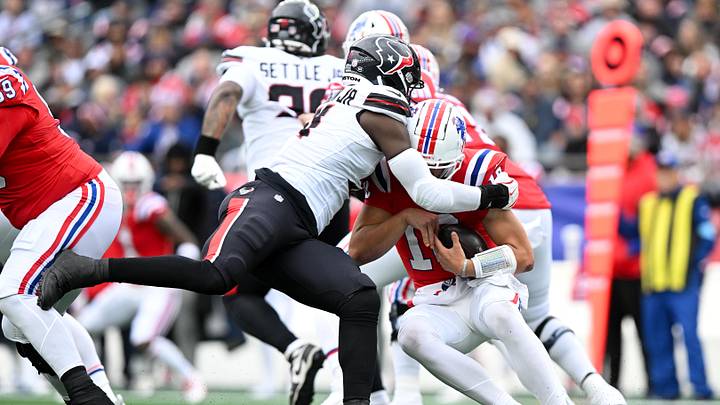Oct 13, 2024; Foxborough, Massachusetts, USA; Houston Texans defensive end Will Anderson Jr. (51) sacks New England Patriots quarterback Drake Maye (10) during the first half at Gillette Stadium. Mandatory Credit: Brian Fluharty-Imagn Images