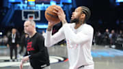Apr 6, 2025; Brooklyn, New York, USA;  Toronto Raptors small forward Brandon Ingram (3) warms up prior to the game against the Brooklyn Nets at Barclays Center. Mandatory Credit: Gregory Fisher-Imagn Images