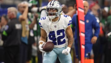 Sep 17, 2023; Arlington, Texas, USA; Dallas Cowboys running back Deuce Vaughn (42) reacts after making a first down in the second quarter against the New York Jets at AT&T Stadium. Mandatory Credit: Tim Heitman-USA TODAY Sports