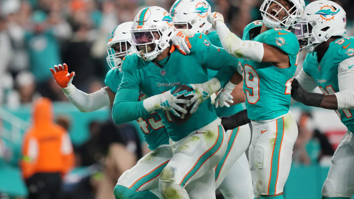 Miami Dolphins linebacker Bradley Chubb celebrates recovering a fumble against the Tennessee Titans during the second half of an NFL game at Hard Rock Stadium in Miami Gardens, Dec. 11, 2023.