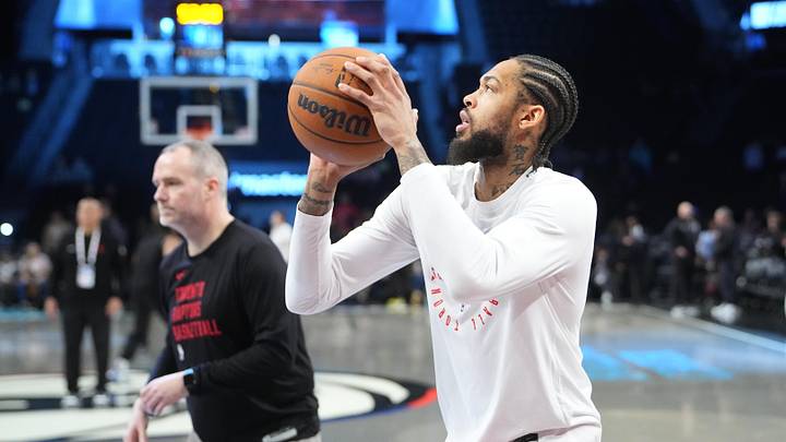 Apr 6, 2025; Brooklyn, New York, USA;  Toronto Raptors small forward Brandon Ingram (3) warms up prior to the game against the Brooklyn Nets at Barclays Center. Mandatory Credit: Gregory Fisher-Imagn Images