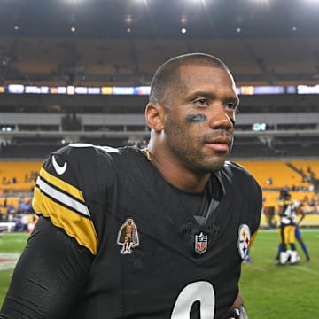 Aug 17, 2024; Pittsburgh, Pennsylvania, USA;  Pittsburgh Steelers quarterback Russell Wilson (3) leaves the field after playing the Buffalo Bills at Acrisure Stadium. Mandatory Credit: Barry Reeger-Imagn Images