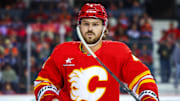 Nov 3, 2024; Calgary, Alberta, CAN; Calgary Flames defenseman Rasmus Andersson (4) skates during the first period against the Edmonton Oilers at Scotiabank Saddledome. Mandatory Credit: Sergei Belski-Imagn Images