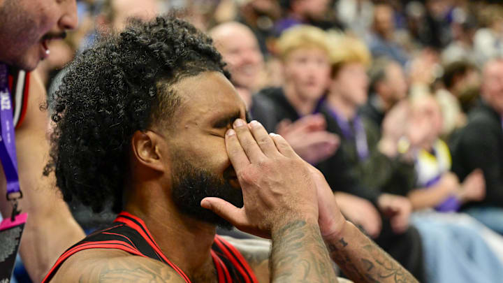 Nov 16, 2025; Salt Lake City, Utah, USA; Chicago Bulls guard Coby White (0) reacts to a potential game winning shot during overtime against the Utah Jazz at Delta Center. Mandatory Credit: Peter Creveling-Imagn Images