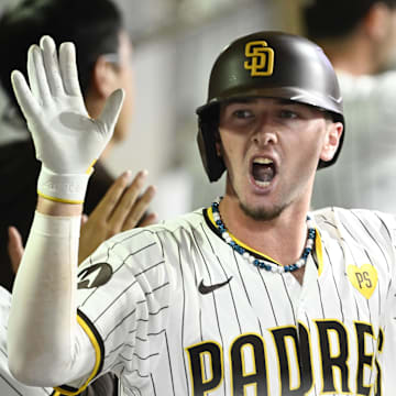 San Diego Padres center fielder Jackson Merrill is congratulated after hitting a home run against the Detroit Tigers on Wednesday at Petco Park.