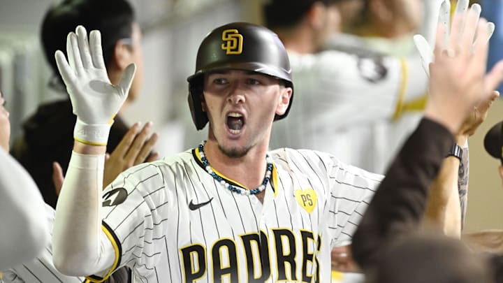 San Diego Padres center fielder Jackson Merrill is congratulated after hitting a home run against the Detroit Tigers on Wednesday at Petco Park.