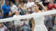 Jul 3, 2024; London, United Kingdom; Emma Navarro of the United States celebrates winning her match against Naomi Osaka of Japan (not shown) on day three of The Championships at All England Lawn Tennis and Croquet Club. Mandatory Credit: Susan Mullane-USA TODAY Sports