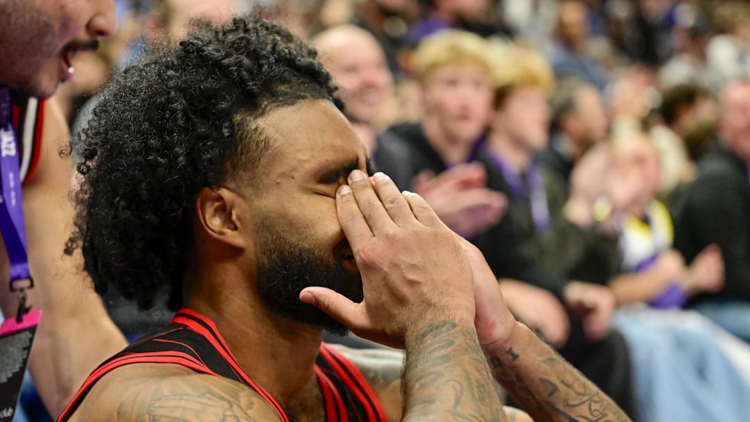 Nov 16, 2025; Salt Lake City, Utah, USA; Chicago Bulls guard Coby White (0) reacts to a potential game winning shot during overtime against the Utah Jazz at Delta Center. Mandatory Credit: Peter Creveling-Imagn Images