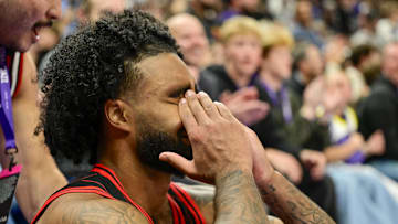 Nov 16, 2025; Salt Lake City, Utah, USA; Chicago Bulls guard Coby White (0) reacts to a potential game winning shot during overtime against the Utah Jazz at Delta Center. Mandatory Credit: Peter Creveling-Imagn Images