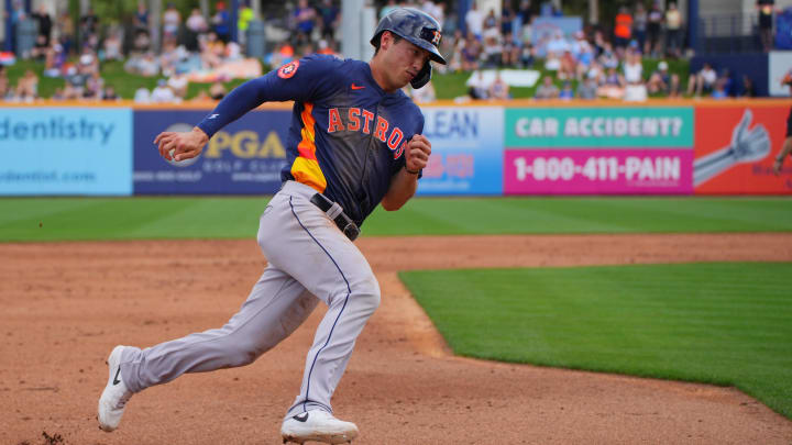 Houston Astros second baseman Shay Whitcomb (87) rounds third base and scores a run against the New York Mets in the second inning at Clover Park on March 3, 2024.