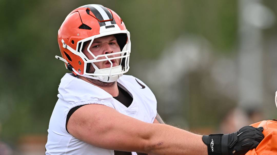 May 8, 2026; Berea, OH, USA; Cleveland Browns tackle Austin Barber (58) during rookie minicamp at CrossCountry Mortgage Campus. Mandatory Credit: Ken Blaze-Imagn Images May 8, 2026; Berea, OH, USA; Cleveland Browns tackle Austin Barber (58) during rookie minicamp at CrossCountry Mortgage Campus. Mandatory Credit: Ken Blaze-Imagn Images